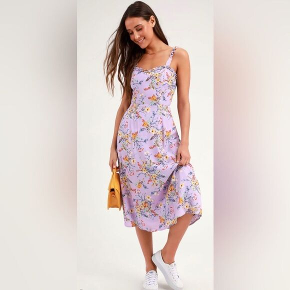 Lulus Sunny Meadow Lavender Floral Print Tie-Back Midi Dress - Picture 1 of 4